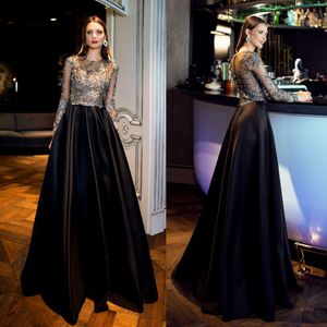 Elegant Black Lace Applique Beads Evening Dresses Long Sleeve Satin Formal Party Gowns 2024