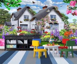 custom photo wallpaper Blue sky thatched cottage multicolored small garden dog landscape children background