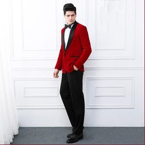 Latest Design One Button red Velvet Wedding Groom Tuxedos Shawl Lapel Groomsmen Men Suits Prom Blazer (Jacket+Pants+Tie) NO:2079