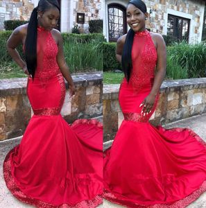 Sexig röd kvällsklänningar Jewel Neck-sequined Satin Lace Formell Mermaid Prom Dress 2019 Abendkleid African Special Occasion Grows Plus Storlek