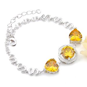 Luckyshine 925 pulseiras de prata esterlina ajustável para Heart-shaped Mulheres Round Citrino retro Dazzling Cz Pulseiras 8