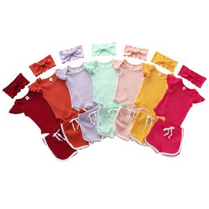 Feste Baby-Kleidungssets für Mädchen, fliegende Ärmel, Strampler, Oberteil + Hose + Stirnbänder, 3 Stück/Set, Boutique-Kleinkinder, Freizeitartikel, Pit-Outfits M2484