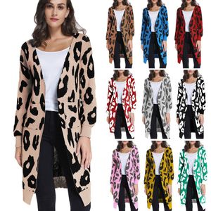 Leopard Print Long Cardigans Vinter Kläder Kvinnor Öppna Stitch Höstfickor Slim Casual Strikked Sweater Coat Cardigan