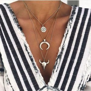 3st/Set Women Long Sweater Chain Animal Cow Head Pendant Halsband Alloy Eye Horn Multilayer Necklace Jewelry Gift for Girls