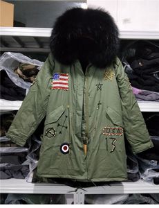 Beading Rivet parka Custom made Classic black raccoon fur trim black rabbit fur lining army green canvas long America flag Embroidery parkas