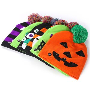 LED Halloween Beanies Knitted Hats Light-up Unisex Winter Warm Skull Caps Halloween Decor Fashion Pompon Ball Hats SS367