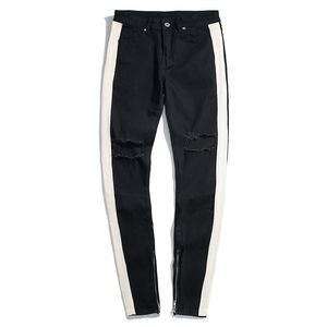 Skinny Mens Designer Marca Branca Moda Rasgado Listrado Jeans Moda Magro Cordão Calças de Motociclista Calças Preto Azul