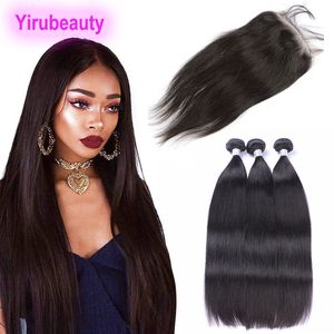 Cabelo virgem brasileiro 3 pacotes com 6x6 Fechamento de renda Extensões de cabelo humano retas 4 peças/lote de cor natural reta