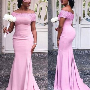 2019 Rosa Bateau-Meerjungfrau-lange Brautjungfernkleider mit applizierter Spitze und Fleck Afrikanische Frauen Trauzeugin Kleid Party Hochzeitsgast