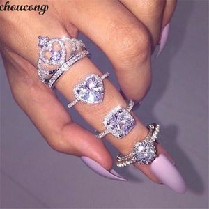 Vecalon Coração Crown Ring 5a Zircon Stone 925 Esterlina Promessa Promessa Noivado Anéis de Banda de Casamento para Mulheres Jóias Dedo