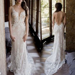 Sheer Mesh Top Lace Mermaid Wedding Dresses 2020 Applique Beaded Sweep Train Wedding Bridal Gowns robes de mariée With Buttons