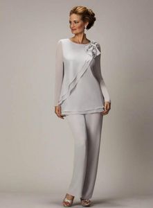 Sexy Plus Size Silver Mother's Pants Suit For Mother of The Bride Groom Beaded Chiffon Wedding Party Evening Gowns Prom Dress