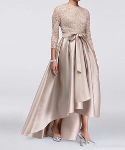 Elegante Plus-Size-Mutterkleider, Spitzenapplikationen, Pailletten, 3/4-Ärmel, Satin, hoch niedrig, Schärpen, Kleider für die Brautmutter, Robe de Mariee