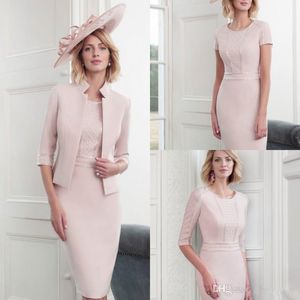 Elegante rosa Mutter der Braut Kleider mit Jacke 2019 Plus Size Spitze kurze Ärmel Hochzeitsgast Kleid knielange Abendkleider