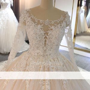 Arabic Vintage Lace Appliques Ball Gowns Wedding Dresses 2020 Sheer Jewel Neck Long Sleeves Tulle Applique Beaded Bridal Wedding G280K