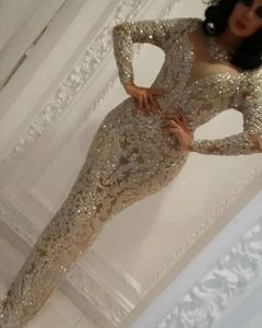 Yousef Aljasmi Prom Dresses Jewel Neck Z Długim Rękawem Frezowanie Syrenki Suknie Wieczorowe Długość Dubai Party Party Runway Sukienka Plus Size