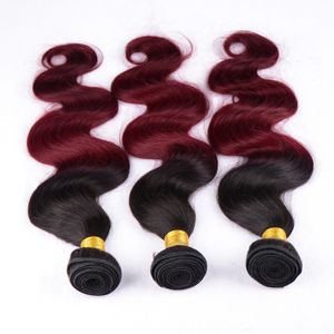 Irina 1B / Burgundy Ombre 99j Brasilianskt hår Två Ton Kroppsvåg Hår Vävar Full Bundles 10-28Inch 3PCS Lot Ombre Human Hair Extensions