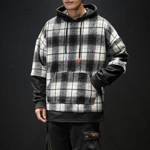 Dropshipping Autumn Mens Sport Hooded Cotton Sweatshirt Men Plaid Print Fake Two Pieces Sweatshirt Casual Pocket Male Pullover