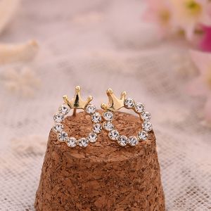 Women Girl Gold Plated Crown Crystal Round Stud Cute Rhinestone Earring Summer Beach Jewelry Fashion Accessories