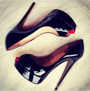 الكلاسيكية العلامة التجارية الأحمر أسفل عالية الكعب منصة أحذية مضخات عارية / أسود جلد لامع اللمحة تو المرأة فستان الزفاف الصنادل أحذية حجم 34-45