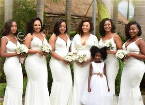 2020 African Plus Size Bridesmaid Dresses Spaghetti Straps Mermaid White Custom Made Sweep Train Maid of Honor Gown Wedding Guest 260n