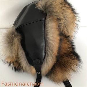 Unisex Real Raccoonの毛皮の帽子ロシアのUshanka冬の腹痛ターキャップ爆撃機スキーイヤーマフキャップ