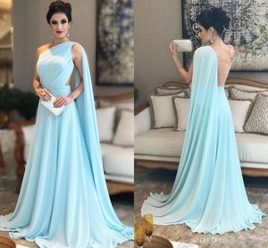 A New Elegant Line Evening One Shoulder Sky Blue Pleated Floor Length Cheap Chiffon Formal Prom Party Gown Dubai Pageant Dresses