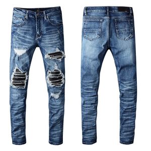 Jeans masculino clássico sólido de luxo Chegada designer de moda costura couro motociclista jeans rasgados calças angustiadas listras zebra qualidade superior nos reino unido tamanho 2940