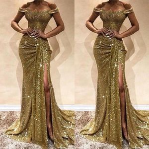 Bling Bling Cekiny Split Prom Dresses Mermaid Off The Ramię Suknie Wieczorowe Ruffled Spódnica Wysoka szczelina Zipper Up Back Formal Party