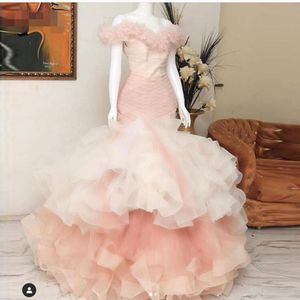 Peach Pink tiered Ruffles Mermaid Evening Dresses v neck off shoulder Abendkleider pleated tulle Puffy Ruched Bottom Long Prom Gowns
