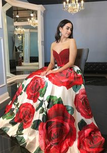 2019 A Line Floral Prom Dresses Sweetheart Red Pearl Beaded Natural Waist Vestidos Largos De Fiesta Elegante Formal Long