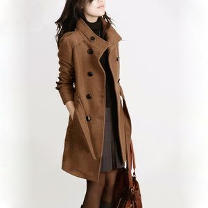 Office Lady Women Long Wool Blend Coat Double Breaasted Cashmere Jacket Turn-down Collar Pockets Ladies Coats