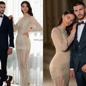 2020 Bohemian New Arrival Long Sleeve A-line Evening Dresses Lace Sequins Tassel High Neck Formal Dresses Ankle Length Zipper Party Gowns