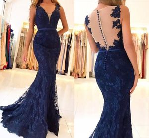 Dark Navy New Designer Full Lace Mermaid Evening Dresses Beads Formal Dresses special occasion dress with sashes