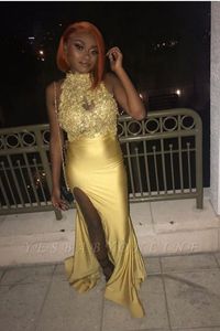 2020 Sexy Yellow Mermaid Prom Dresses Black Girl Plus Size alta Neck Vestido de Noite Longa Formal vestido de festa