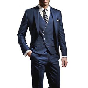 Sıcak Satış Bir Düğme Lacivert Damat Smokin Tepe Yaka Erkekler Düğün Parti Sağdıç 3 parça Suits (Ceket + Pantolon + Yelek + Kravat) K262