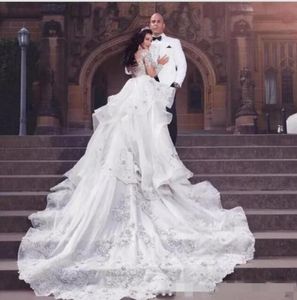 Luxury Crystal Overkirt Wedding Dresses High Collar Lace Applique Pärlagad Tiered Organza Chapel Train Wedding Gown Vestido de Novi2725