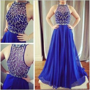 2019 Chiffon Royal Blue Prom Dresses Designer Halter Beading Crystal Sequin Ruched Vestido de Novia Robes Evening Gowns Party Formell Dress