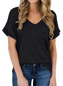 압연 사이드 여름 여성 느슨한 블라우스 V 넥 T 셔츠 짧은 소매 캐주얼 블라우스 포켓 티셔츠 탑