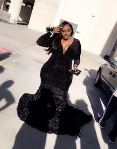 Plus Size Black Prom Dress Mermaid V Neck Bodycon Sweep Train Black Girl African Formal Party Dresses Evening Arabic Pageant Celeb295k