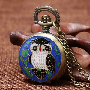 Vintage Classical Watches Mini Size Small Dial Lovely Owl Bronze Quartz Pocket Watch for Men Women Kid Necklace Chain Gift