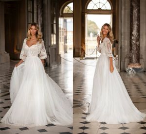 White Bohemian A Line Millanova Wedding Dresses Long Sleeve Square Tulle Lace Crystal Wedding Gowns Sweep Train robe de mariée