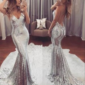 Najnowszy V-Neck Syrenka Silver Długie Suknie Wieczorowe Cekiny Eleganckie Backless Formalne Suknie Wieczorowe Prom Dresses Vestido de Noche