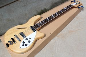Factory Custom Semi-Hollow Natural Wood Color Electric Bass Guitar med vit pickguard, Rosewood Fingerboard, erbjuder anpassad