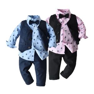 Baby-langarm-weste großhandel-Kids Boy Gentleman Kleidungsstück Set Neugeborene Langarm Bowtie Shirt Weste und Hosen Baby Jungen Outfits Anzug für Hochzeitsfeier