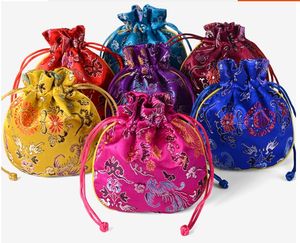 Ethnic Dragon phoenix Small Damask Bag Wedding Party Favor Bag Chinese Silk brocade Pouch Drawstring Jewelry Gift Packaging bags 10pcs