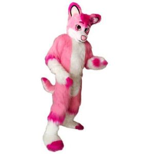 2019高品質の大人のピンクの長い毛皮のハスキーマスコット衣装パーティーの衣装のファンシードレス犬