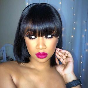 Ishow Short Bob Wigs Loose Body Afro Kinky Curly Peruvian None Lace Wig Straight Human Hair Wigs with Bangs for Women All Ages Natural Color 8-14inch