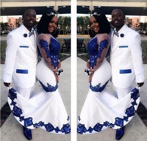 New White Satin Royal Blue Lace Aso Ebi African Prom Dresses Long Illusion Sleeves Applique Evening Formal Gowns Pageant Celebrity Dress
