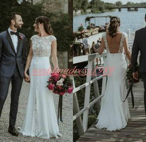 Exklusiv Backless Mermaid Lace Bröllopsklänningar Strand 2020 Button Capped Chiffon Gowns Marriage Robe de Mariée Plus Size Bridal Bride Dress